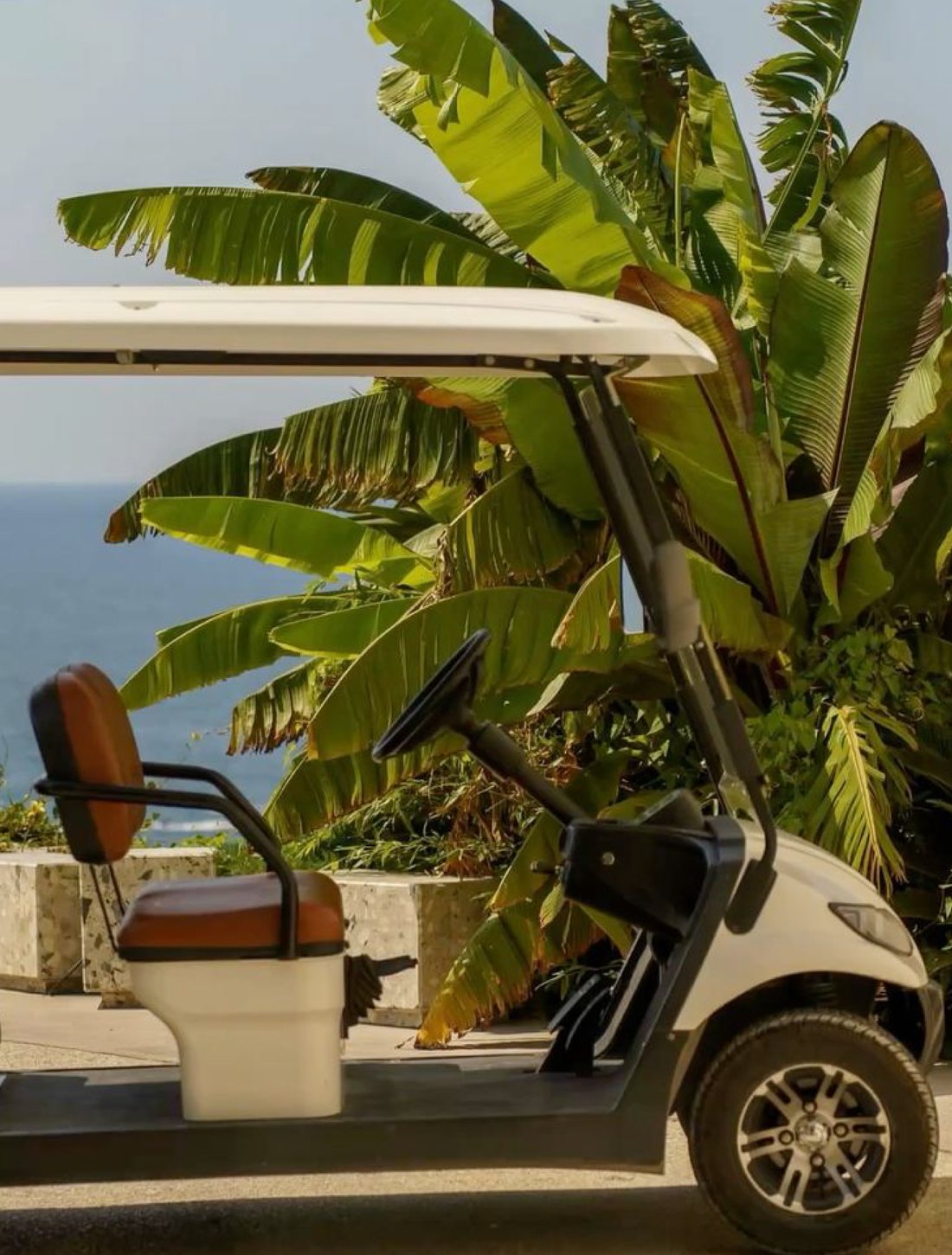 Carrito de golf frente al mar